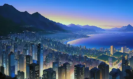 Eine Stadt an der Bucht im Morgengrauen — Multiic
