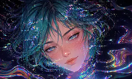 Fionas Gesicht in blauen und violetten digitalen Reflexen — Multiic