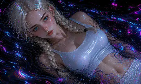 Jo mit hellen Haaren in bunten digitalen Reflexen — Multiic