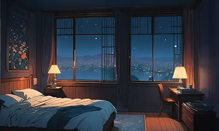 Ein Schlafzimmer mit Blick auf die nächtliche Stadt — Multiic