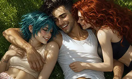 Fiona, Finn und Dina liegen zusammen im Gras — Multiic