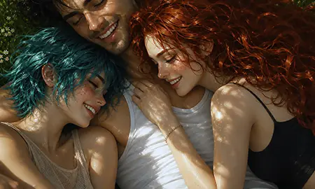 Fiona, Finn und Dina lächeln gemeinsam im Gras — Multiic