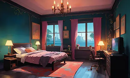 Ein Schlafzimmer mit grünen Wänden im warmen Lampenlicht — Multiic
