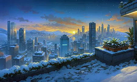 Ein verschneites Dach über der Stadt bei Sonnenuntergang — Multiic
