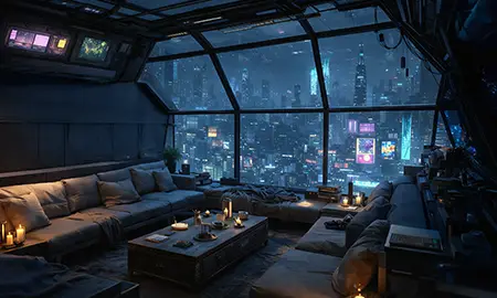 Ein futuristisches Wohnzimmer mit Stadtblick — Multiic