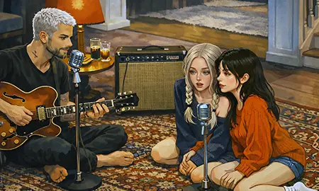 Drei Freunde mit Gitarre und Mikrofonen im Wohnzimmer — Multiic