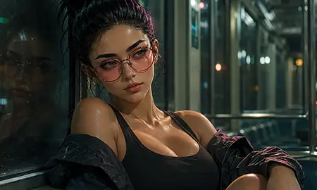 Tisha mit Brille in einer nächtlichen Straßenbahn — Multiic