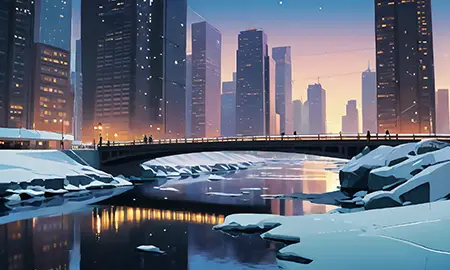 Eine verschneite Stadt am Fluss — Multiic