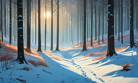 Sonnenlicht zwischen den Bäumen eines verschneiten Waldes — Multiic
